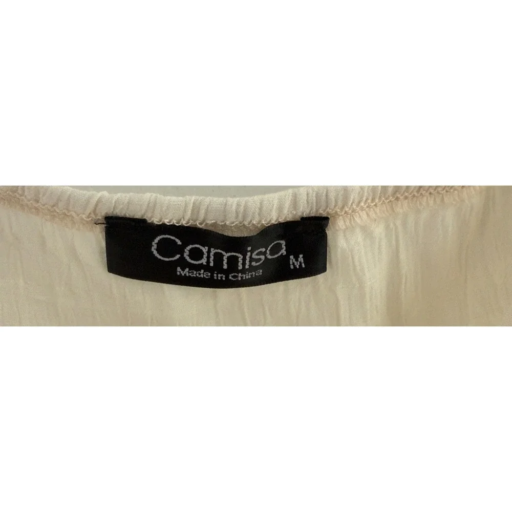 Camisa Cream Tie Front Puff Sleeve Smocked Crop Top Romatic Cream Womens Medium - Picture 5 of 6